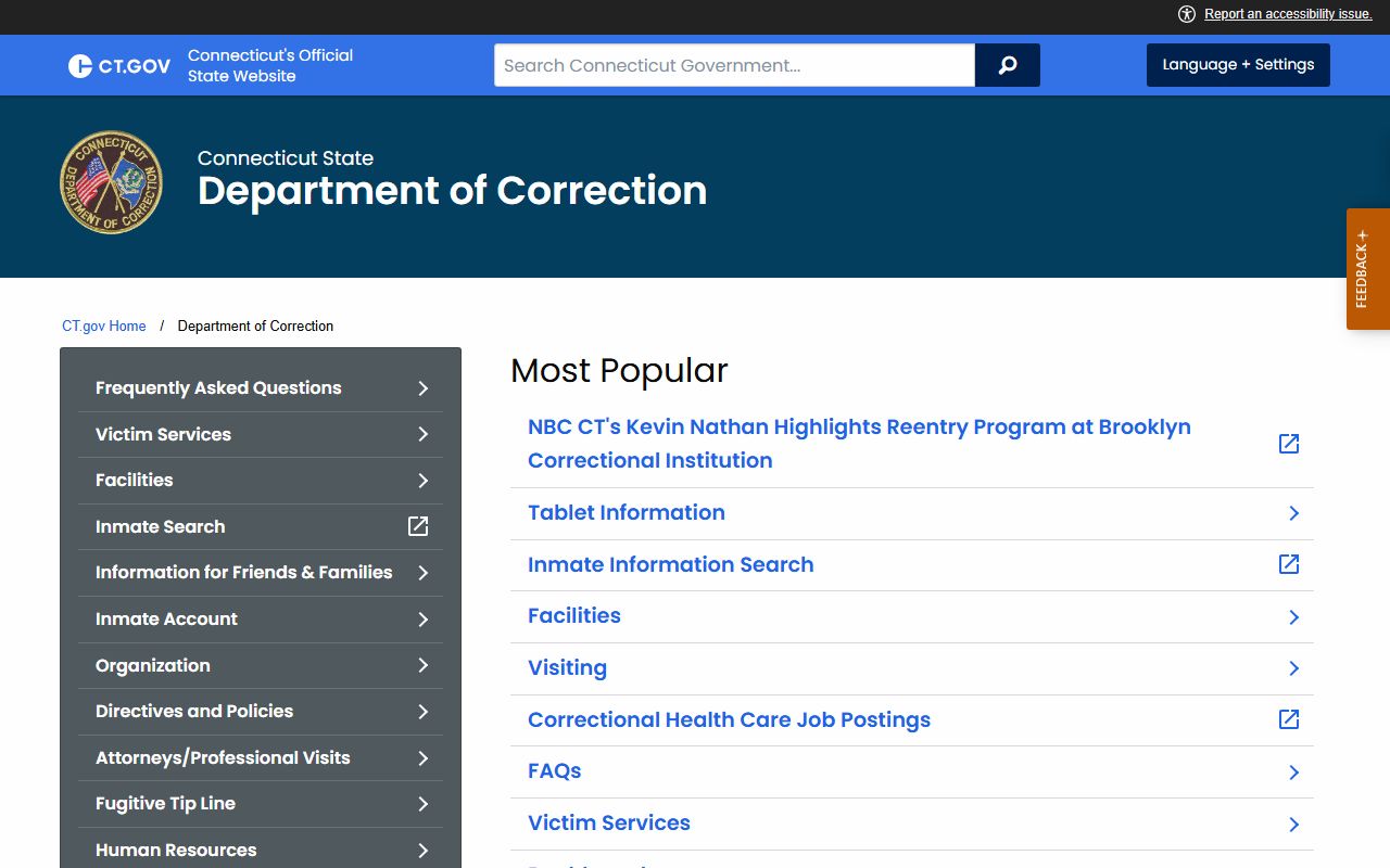 Connecticut DOC home page used to track the Middlesex County inmate population and inmate records