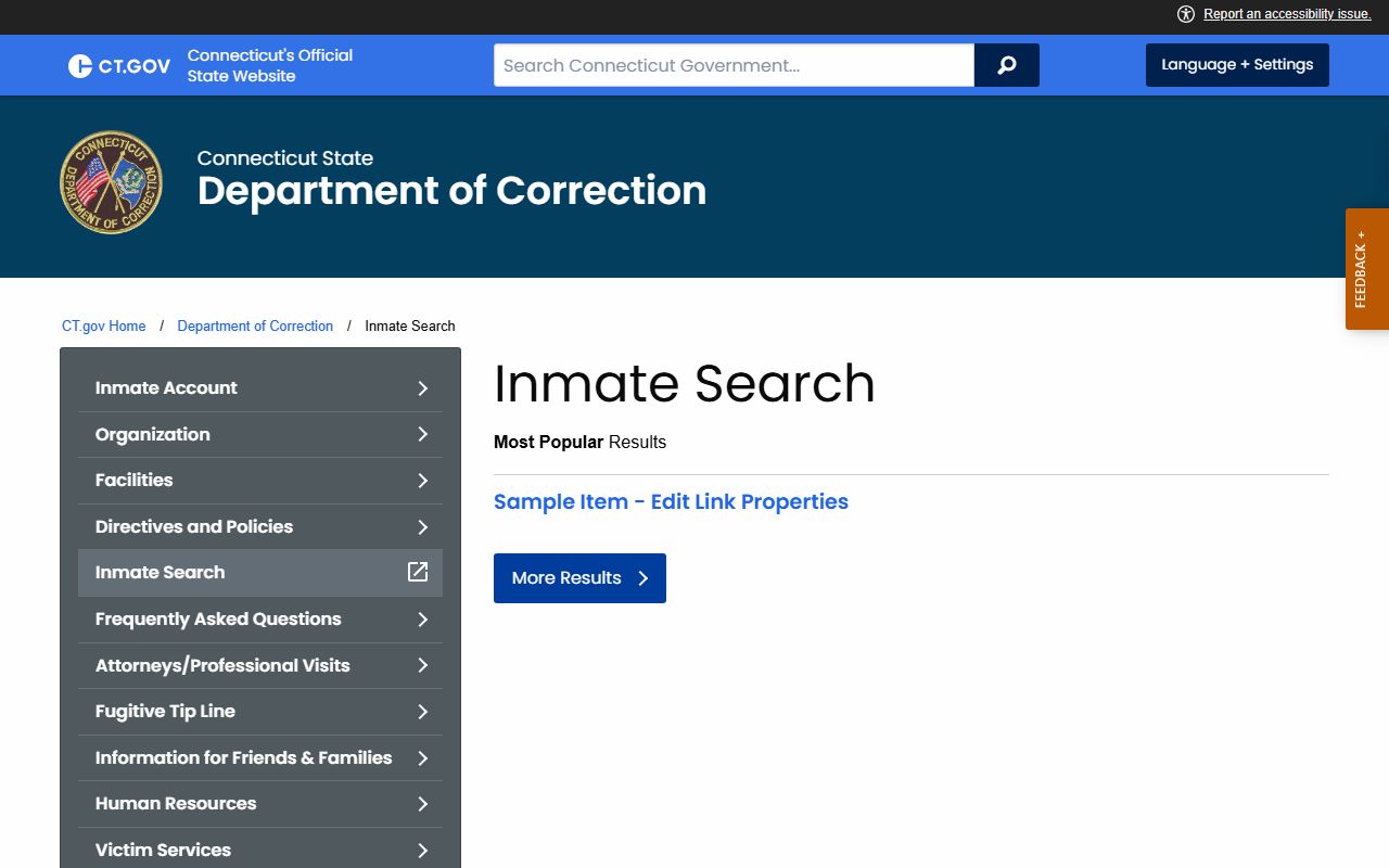 CT.gov inmate-search gateway page for the Middlesex County inmate population and custody records