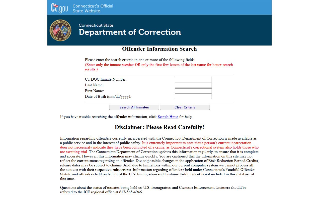 Official Connecticut DOC inmate search used to look up the Middlesex County inmate population