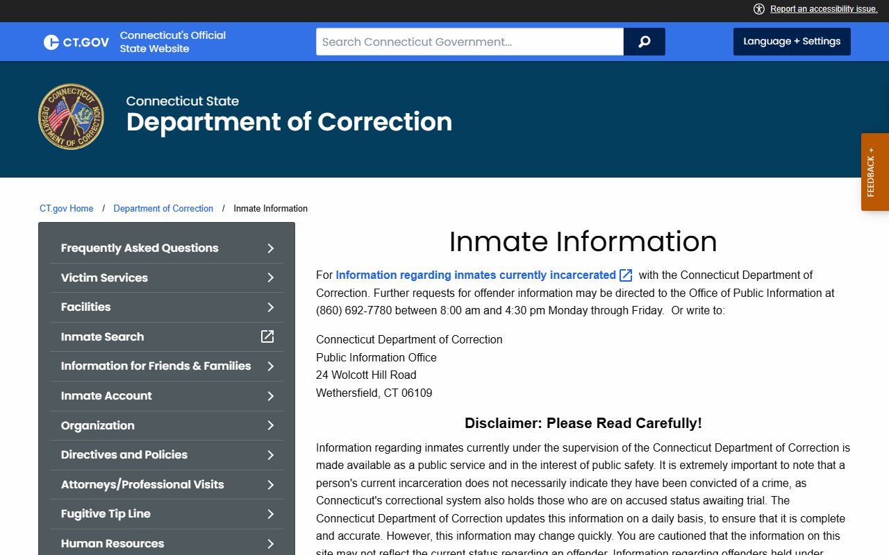 Connecticut DOC inmate information page showing the limits and update notice behind Middlesex County inmate records