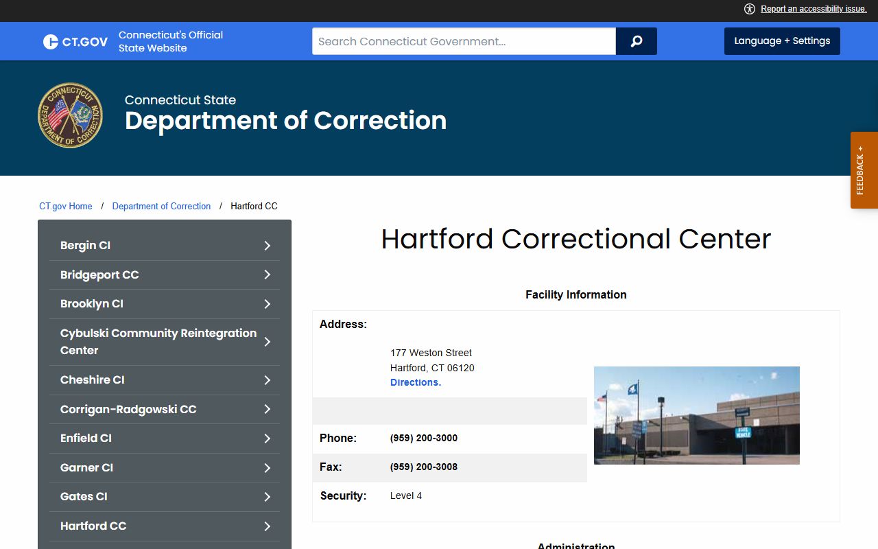 Hartford Correctional Center official DOC profile used to look up inmate custody records
