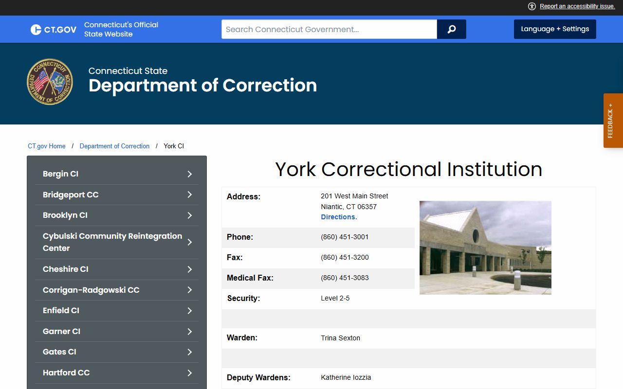 York Correctional Institution inmate records and visiting profile on the Connecticut DOC site for Middlesex County