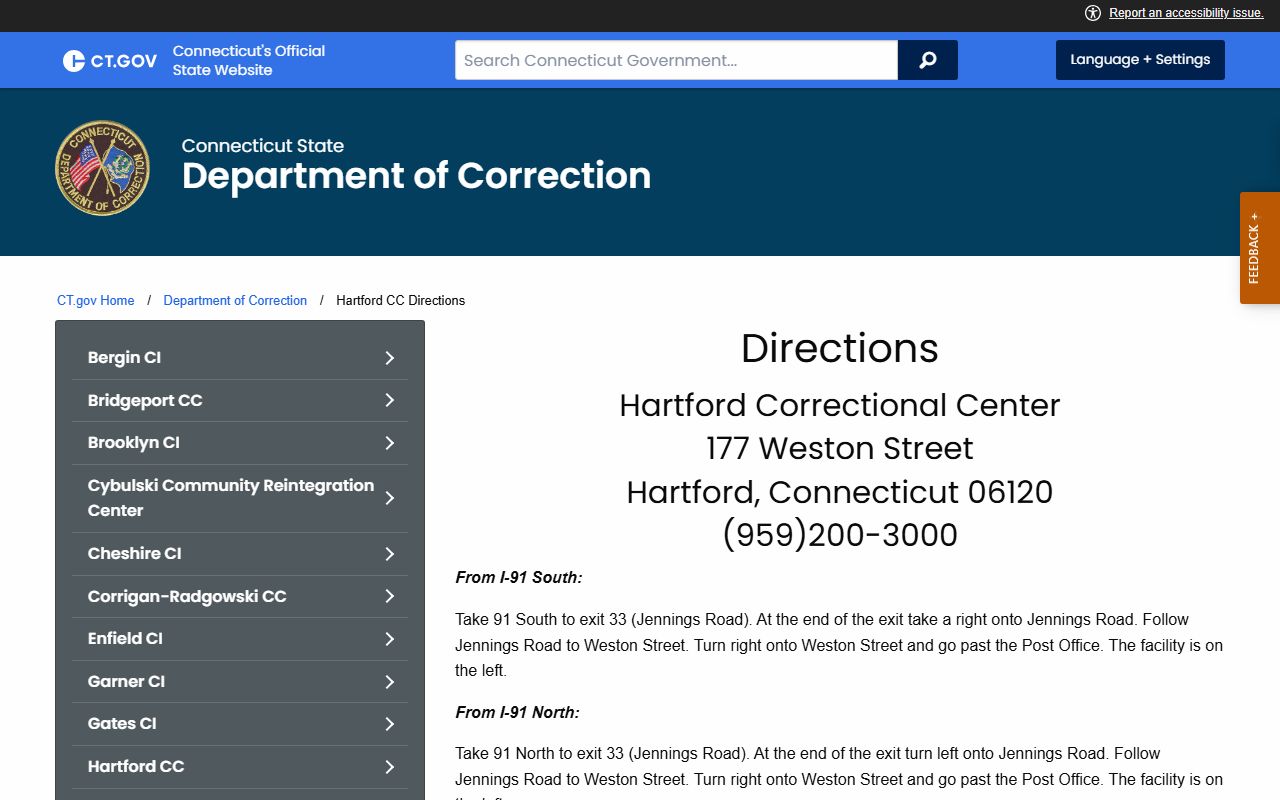 Official driving directions to Hartford Correctional Center for inmate visits and records pickup