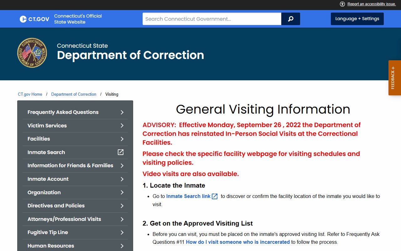 Connecticut DOC visiting rules page for a Hartford Correctional Center inmate visit