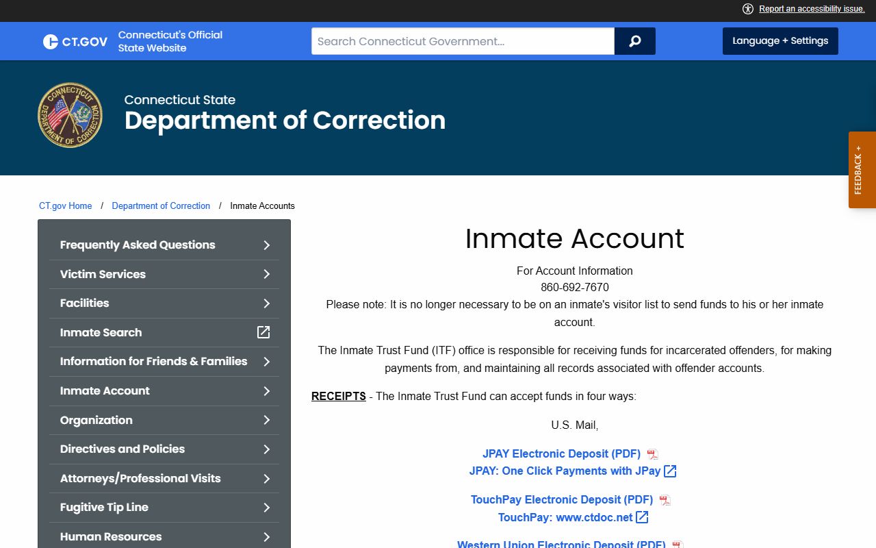 DOC Inmate Trust Fund deposit options for sending money to an inmate at York Correctional Institution from Middlesex County