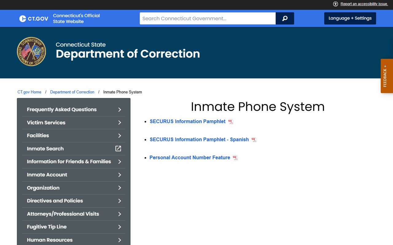 Connecticut DOC and Securus inmate phone system page tied to Middlesex County inmate records and calling rules