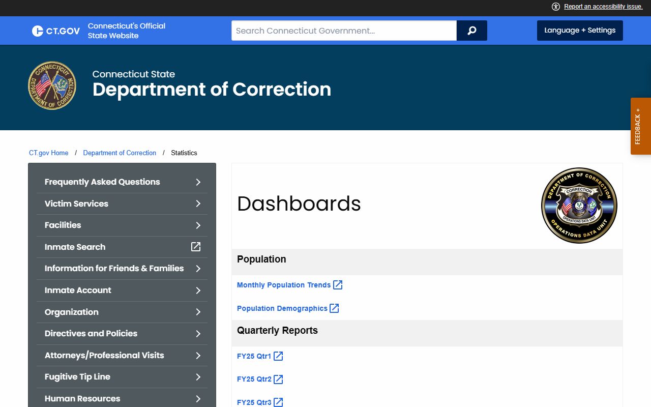 Connecticut DOC population dashboards showing inmate population trends relevant to Middlesex County