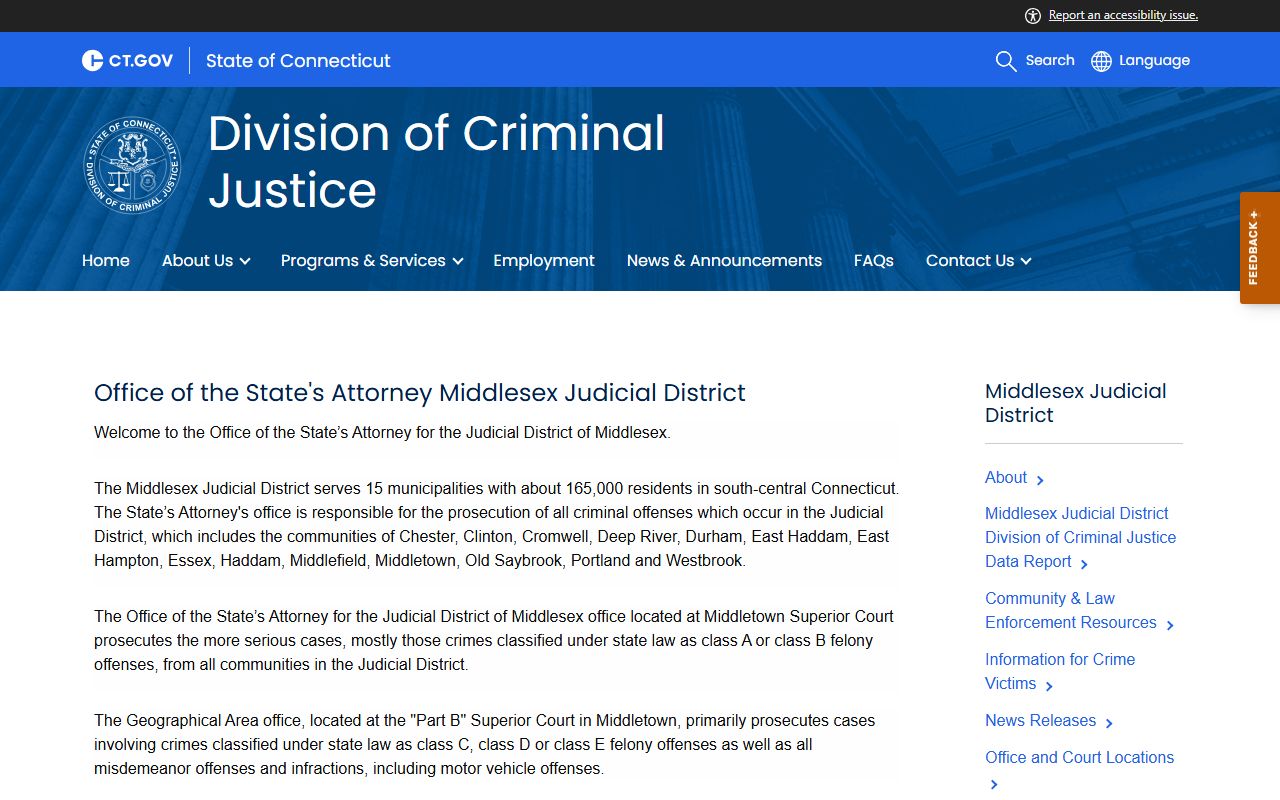 Middlesex County State's Attorney page showing the prosecutor responsible for court records after an arrest